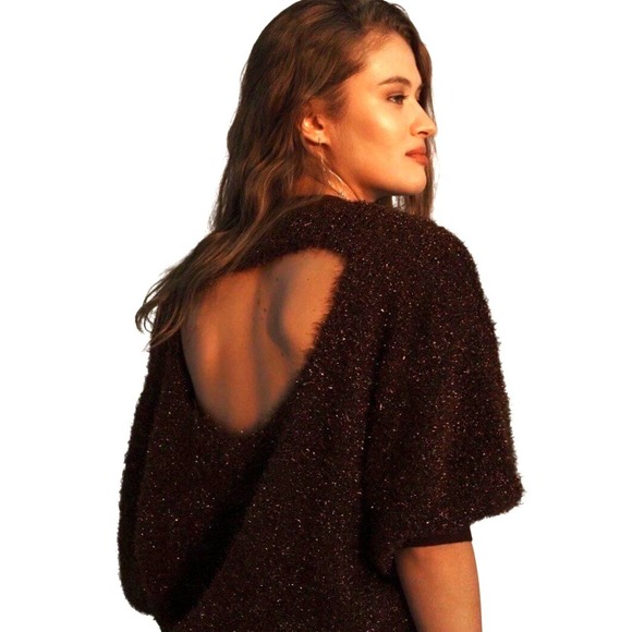Maeve Violetta Brown Metallic Tinsel Knit Sweater Dolman Sleeve XL Festive Cozy - Picture 2 of 14